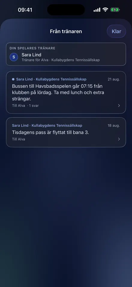 Meddelanden från tränaren i Smatch, med tränarens namn, klubb och vilket barn det gäller
