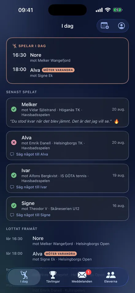 Tränarvyn i Smatch: vilka elever som spelar i dag och hur det gick senast